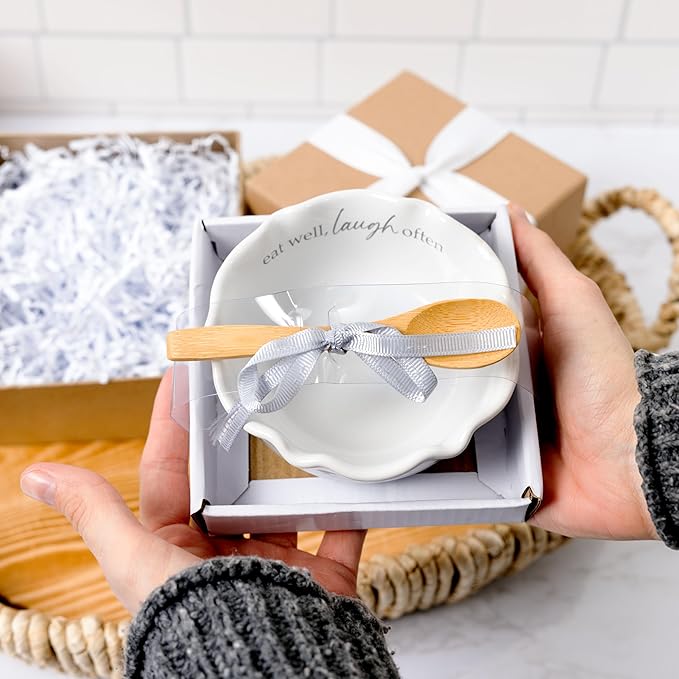 Pavilion Gift Company - Eat Well, Laugh Often - 4.5" Ceramic Bowl With Bamboo Serving Spoon Neutral Ombre Kitchen Serveware Housewarming Gift Hostest Host Present