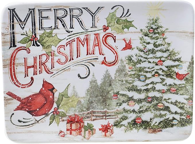 Evergreen Christmas 16x12 Rectangular Serving Platter with Santa & Tree Design – Festive Holiday Ceramic Tray for Roasts, Cookies, Charcuterie, and Holiday Entertaining – Set a Merry Table
