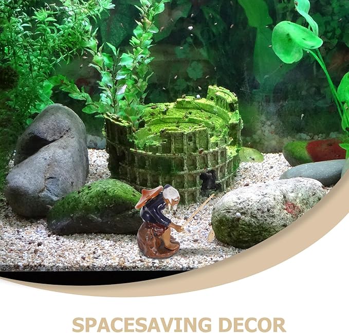 Mini Fisherman Sculpture 2pcs Ceramic Feng Shui Figurines for Bonsai Garden Aquarium Decoration Asian Fishing Statue for Desktop Micro Landscape