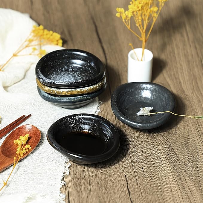 Colias Wing 3.5 Inch Retro Style Black Stylish Design Multipurpose Porcelain Side Dishes Bowls Seasoning Dishes Soy Dipping Sauce Dishes-Set of 5