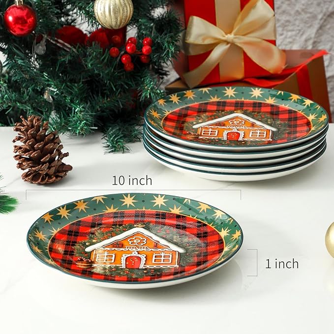 Ceramic Dinner Plates Set of 6,Stoneware 10 Inch,Microwave,Dishwasher and Oven Safe,Porcelain Dessert Plates for Steak,Dishes Set,Valentine's Day and New Year Gift,Christmas
