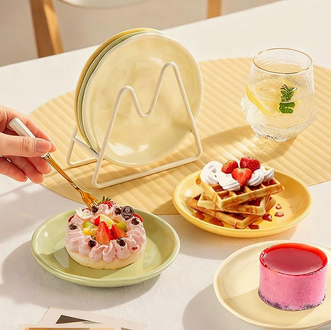 6 Inch Ceramic Salad Plates, Set of 6 - Small Appetizer & Dessert Plates for Portion Control, Microwave & Dishwasher Safe, Chip-Resistant (Soft Green, Cream Yellow, Creamy White (6)