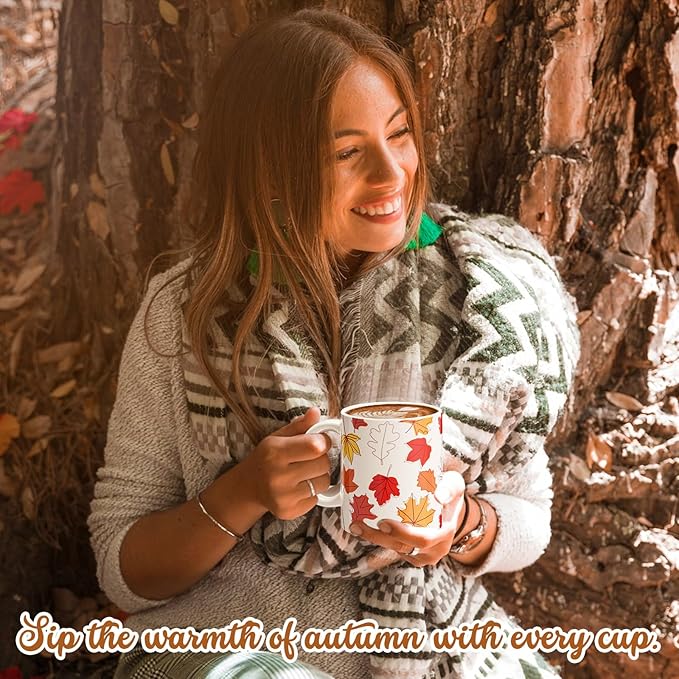 Sliner 11 oz Fall Ceramic Coffee Mugs Set of 2 Maple Leaf Thanksgiving Cup Gifts Festive Tea Cup Autumn Holiday Birthday Gifts for Men Women