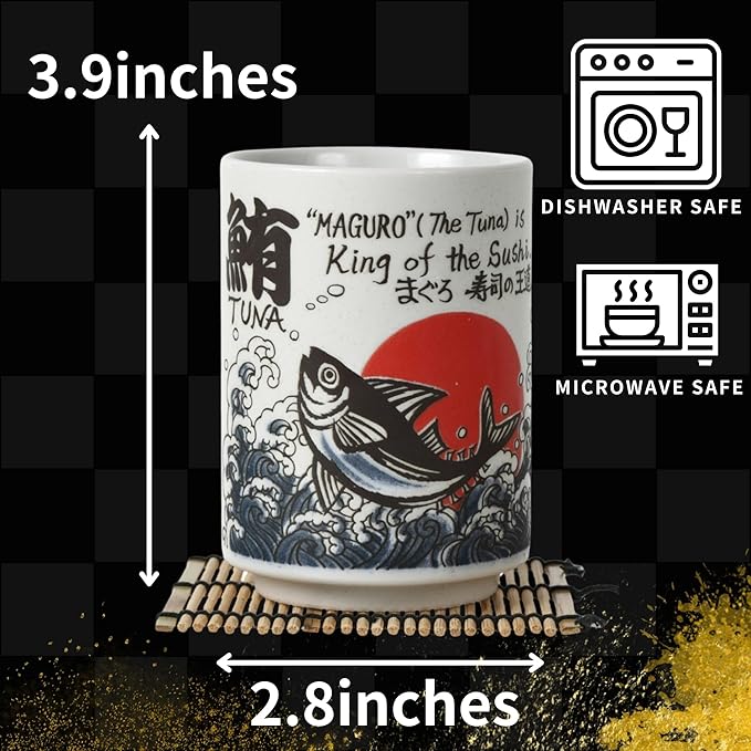 Japanese Tea Cups Sushi-Yunomi Mino Ware With Bamboo Coaster (Set of 2) (Squid-Octopus Tuna)