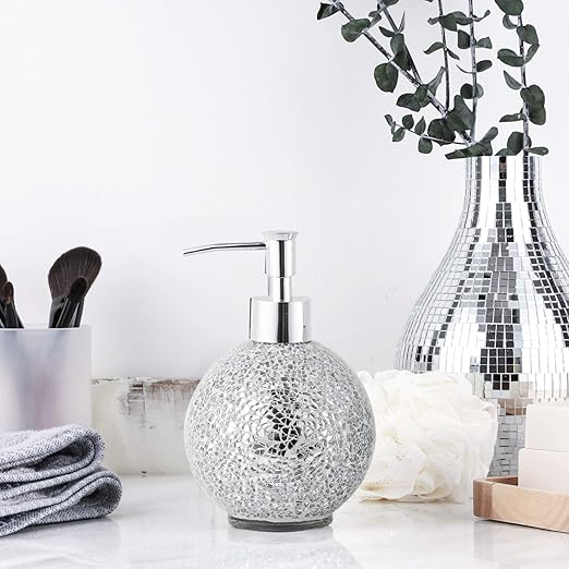 WHOLE HOUSEWARES | Glass Mosaic Hand Soap Dispenser for Bathroom | Lotion Bottle for Kitchen, Bathroom with Chrome Plated Plastic Pump |14 Ounce Set of 2 (Silver)