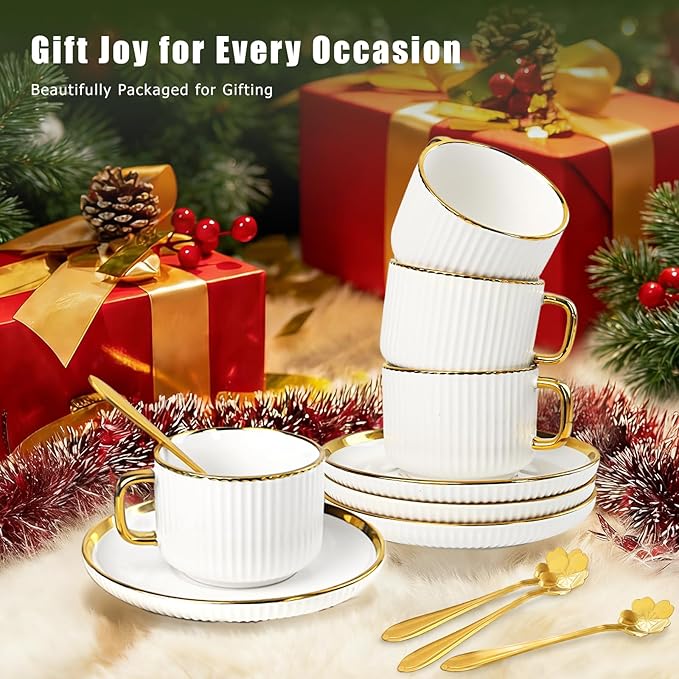 Cappuccino Cups Set of 4, 7oz Espresso Cups Set with Saucers and Spoons, Gold Trim Ceramic Coffee Tea Cups for Latte, Mocha, Au Lait, Dishwasher & Microwave Safe, Art Deco (Gold Striped/200ml)