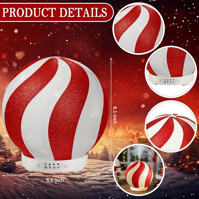 Christmas Essential Oil Diffuser Gift, 120ml Cute Ceramic Candy Cane Aromatherapy Humidifier, Holiday Xmas Home Table Decor, Peppermint Decoration for Home Office, Christmas Stocking Stuffer