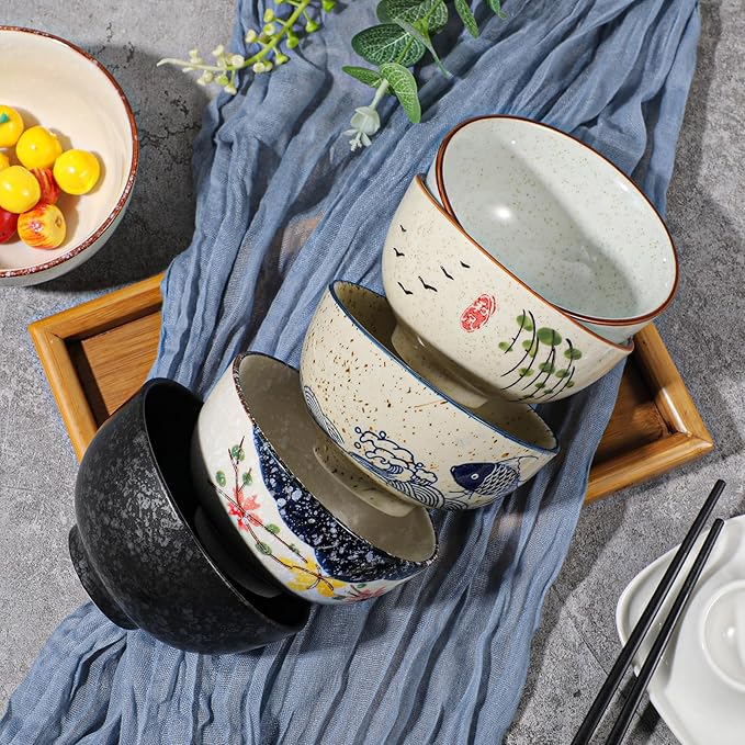 6 Pack Retro Ceramic Bowls, 4.5 Inch Japanese Chinese Bowl, 11 Oz Serving Dinner Set for Cereal, Salad, Dessert, Ice Cream, Rice, Noodles, Soup, Fruit, Dishwasher Microwave Safe