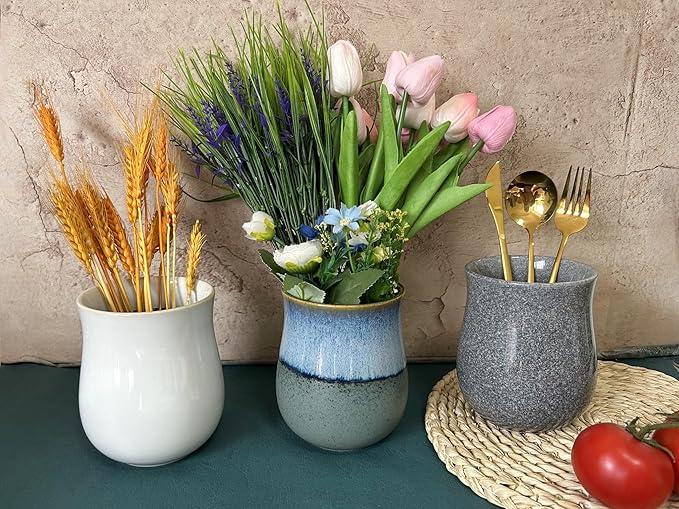 Short Kitchen Utensil Holder for Kitchen Counter, Ceramic Small Utensil Crock & Vase & Holder for Cutlery Spatula Brush Silverware Cooking Utensil Holder (Retro White)