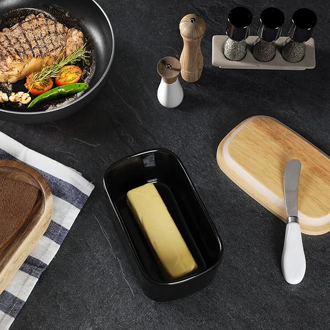 GDCZ Large Ceramic Butter Dish for Countertop Butter Keeper with Silicone Sealing, Natural Wooden Lid and Stainless Steel Knife, Kitchen Decor and Accessories for Kitchen Gifts (Black)
