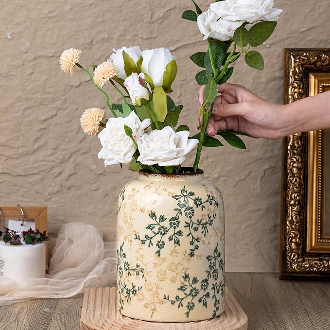 Green Chinoiserie Floral Vase, Ceramic Farmhouse Flower Vase, Creative Ice Cracked Vintage Vases for Home Decors, Cottage, Dining Coffee Table Centerpiece, Bookshelf, Tuscan Decor,8.3 Inch