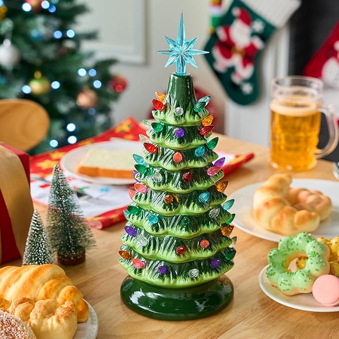JOIEDOMI 15" Ceramic Christmas Tree, Table Top Christmas Tree with Star Topper, Vintage Pre-lit Xmas Decor with Multicolored LED Lights, Hand-Painted Xmas Decorations Indoor Home Office