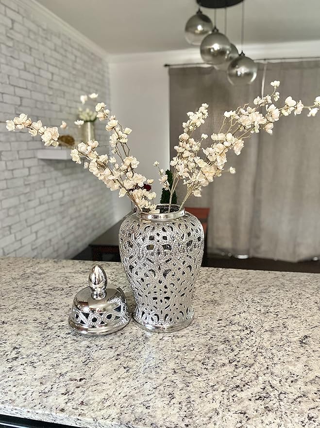 Noori Home - 100% Modern Glam Artisan Ceramic PARKER Large Silver Ginger Jar Urns with Lid 11x11x25