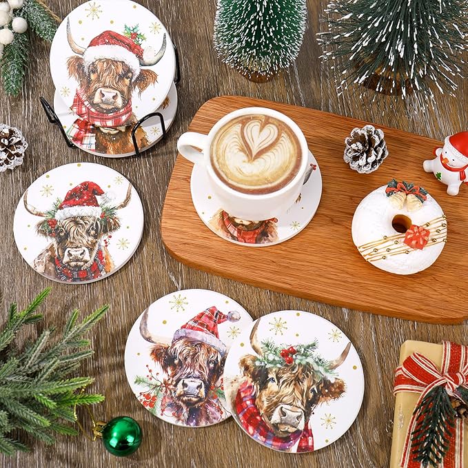 Whaline 6 Pcs Christmas Coasters Cup Mat with Metal Holder Watercolor Highland Cow Snowflake Ceramic Drink Coasters for Xmas Winter Holiday Animal Party Home Table Decor