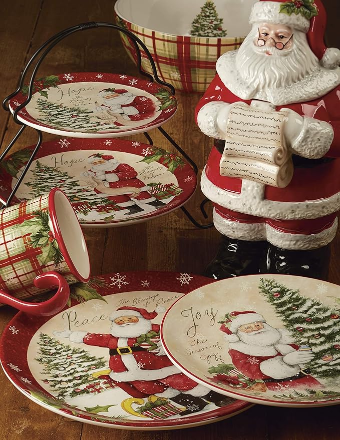Holiday Wishes Christmas Salad Plates Set of 4 9 Inch Vintage Santa Ceramic Plates with Peace Love Joy Hope Festive Holiday Dessert or Appetizer Plates for Entertaining
