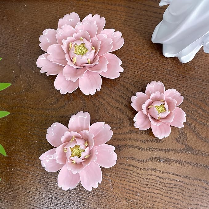 CEUYGT Handmade Ceramic Wall Flower Decor - Peony Home Wall Art, Perfect for Living Room, Bedroom, or Office Decoration Pink Peony 2.75"(Small)