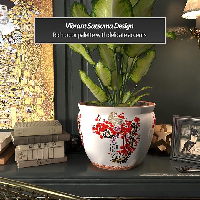 Red Lantern 16" Cherry Blossom Porcelain Fishbowl Planter