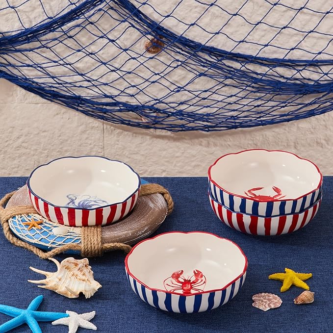 Bico Ocean Wonders Scalloped Pasta Bowls, 36oz Salad Bowl Set of 4, Large Ceramic Serving Dinner Bowls for Soup and Cereal, Microwave and Dishwasher Safe, Gift for Housewarming and Holiday
