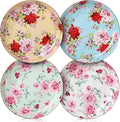 BTaT- Floral Dessert Plates Ceramic, Set of 4, 8 Inch, Assorted Colors with Golden Rim, Deep Porcelain Floral Plates Set of 4, Dishwasher Safe