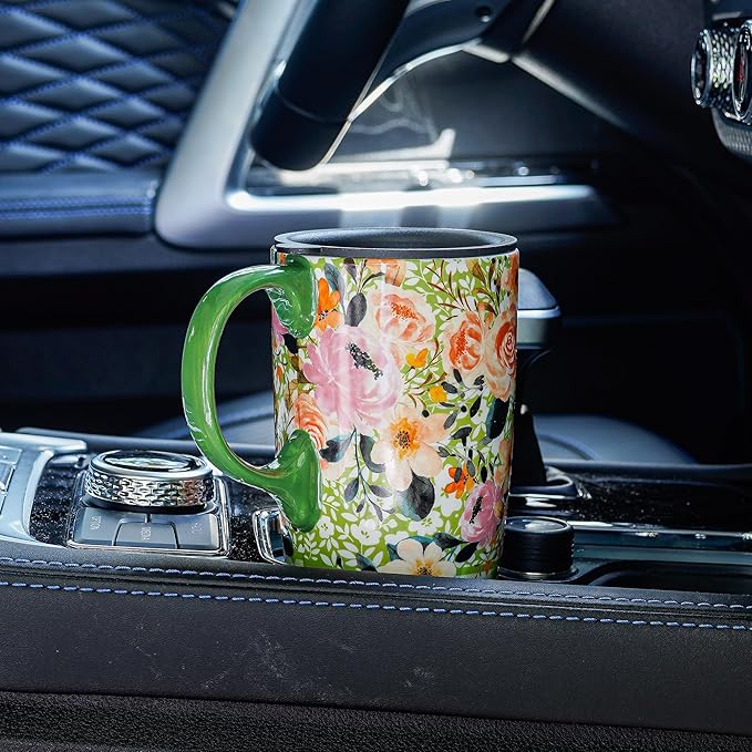 DUSVALLY Ceramic Tall Coffee Mug, Friends Coffee Cup Gift Set, Travel Mug with Lid for Office and Home, Unique Gifts for Women and Man, Flower Mug, Color Box, 17oz Large Cup, Green