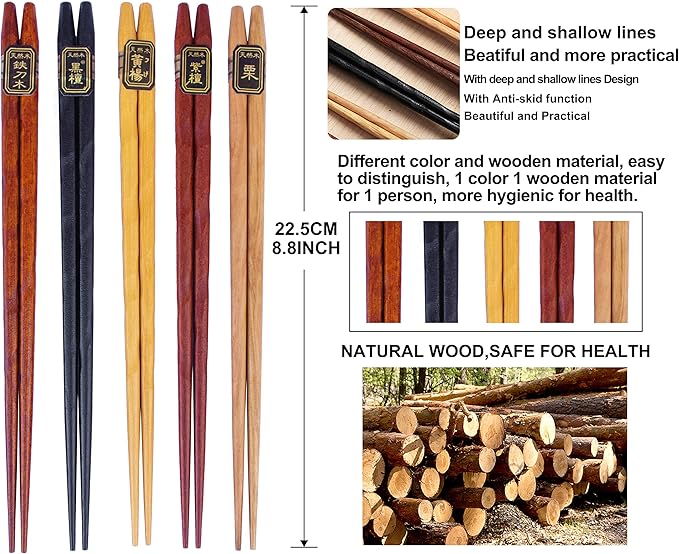 Wooden Chopsticks Reusable 5 Pairs Gift Set Hand Carved Japanese style Multi-color 8.8 Inch/22.5cm