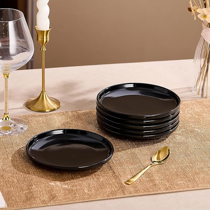 Ceramic Appetizer Plates Set of 6,Small Mini Dessert Plates 6 Inch,Black Round Salad Plate,Porcelain Cake Plates for Waffle,Pie,Saucers,Snack,Cat Dishes,Microwave & Dishwasher Safe