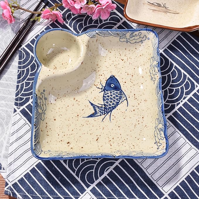 Sushi Plate Set of 2, Different Style Ceramic 7.4 Inch Dumpling Plates with Vinegar Dish Serving for Dumpling, Snack, and Other Food (japanese style yy)