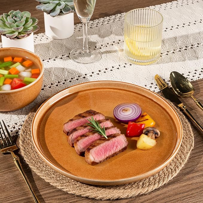 GBHOME Ceramic Dinnerware Sets for 8, 24 Pieces Stoneware Plates and Bowls Sets, Scratch Resistant Dishes, Dishwasher & Microwave Safe, Reactive Glaze-Amber