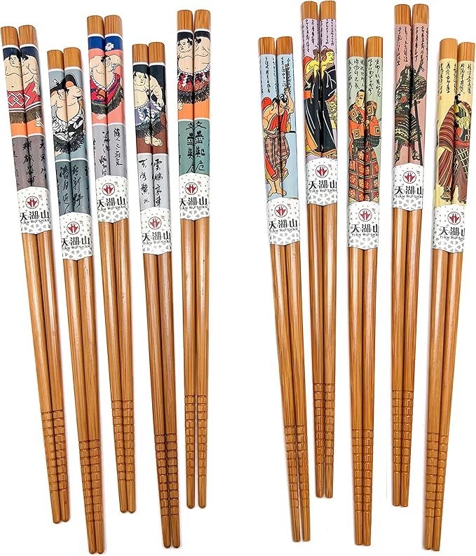 10 Pairs Reusable Bamboo Chopsticks, Samurai&Semo Pattern Natural Bamboo Wood Chopsticks, 8.8Inch/22.5cm Polybag packing by LANHUTHS