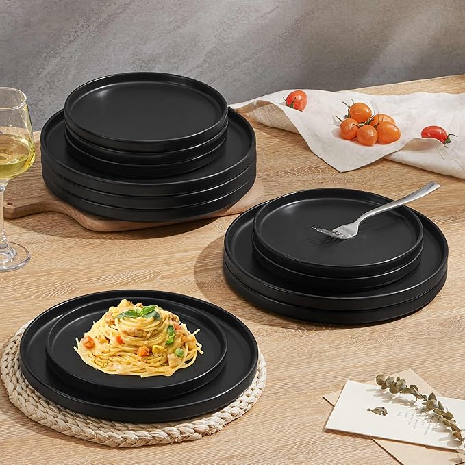 Herogo 7.9 Inch Dinner Plates Set of 6, Small Stoneware Dessert Plate Set, Microwave Safe Ceramic Dinnerware for Home Serving, Oven & Dishwasher Safe, Matte Black