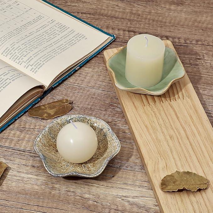 Koythin 2-Piece Ceramic Candle Holder, Aesthetics Candlestick Holders for Tea Lights, Lotus Leaf Shape Candle Stand for Mantle Table, Adorable Vintage Decor for Weddings Dining (Khaki)