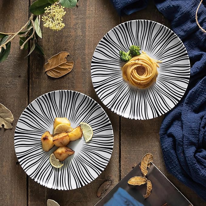 10" Black and White Striped Ceramic Plates Set of 6, Zebra Pattern Dinner Plates Set, Minimalist Porcelain Dish Set, Microwave, Oven & Dishwasher Safe