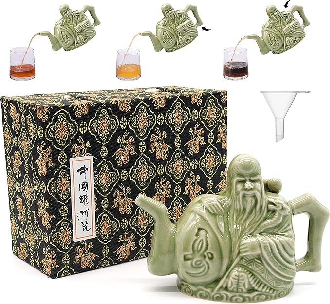 LURRIER Assassins Teapot, Handmade Chinese Ceramic Tea Kettle, One Pot Three Drinks,Two Chambers Kettle, Drink Dispenser, Magic Trick Kettle with Gift Box,16 oz(Green)