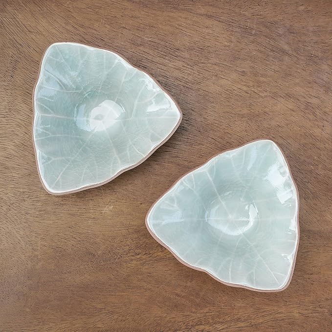 NOVICA Artisan Handmade Ceramic Condiment Servers Triangular Celadon Green Pair Thailand Tableware Serveware Leaf Tree [ 1.6in H x 4.3in W x 4.3in D 2 Oz.] ' Luxe Leaves in Green' Pair