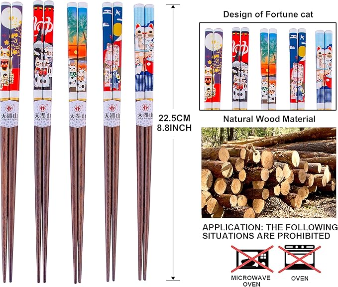 Wooden Chopsticks Reusable 5 Pairs Lucky Cat Design Gift Set Hand-made Japanese style 8.8 Inch/22.5cm