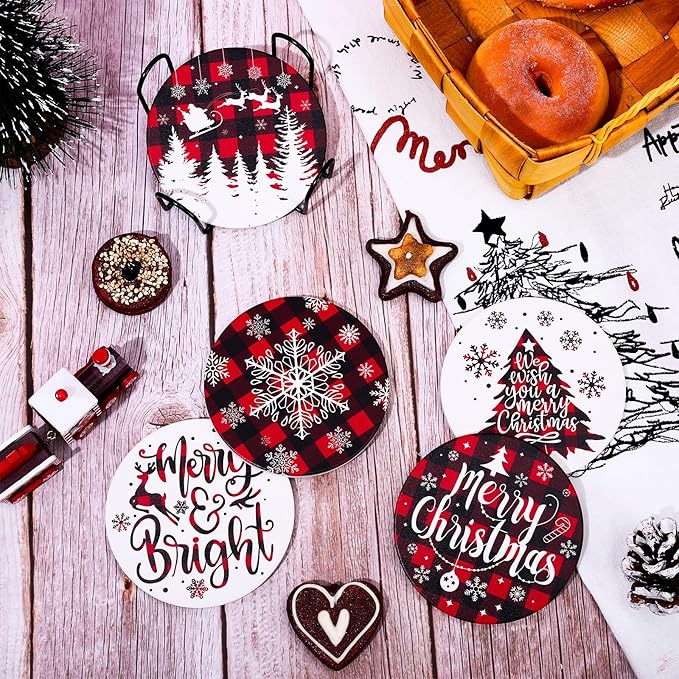 6Pcs Christmas Coasters with Metal Holder Xmas Tree Snowflake Truck Drink Coasters Red Black Plaid Winter Holiday Ceramic Cup Mat for Home Kitchen Table Decor, 4.1 x 0.3 Inch