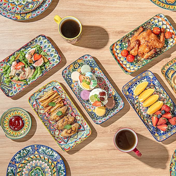 Henten Home Ceramic 10 Inch Salad Plates, Porcelain Rectangular Dessert Plate Set of 6, Bohemian Serving Dishes for Sushi, Pasta, Appetizer, Microwave & Dishwasher Safe