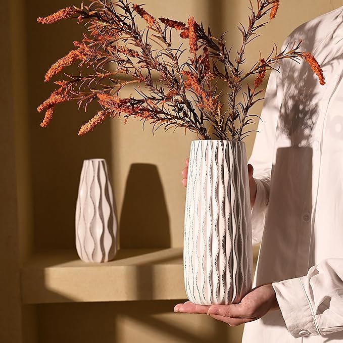 VICTOR & TERESA Ceramic Vase for Flowers, 10'' Set of 2 Decorative White Vases for Home Decor, Farmhouse Vases for Pampas Grass, Table, Mantel, Living Room, Shelf, Centerpieces, Gifts for Her