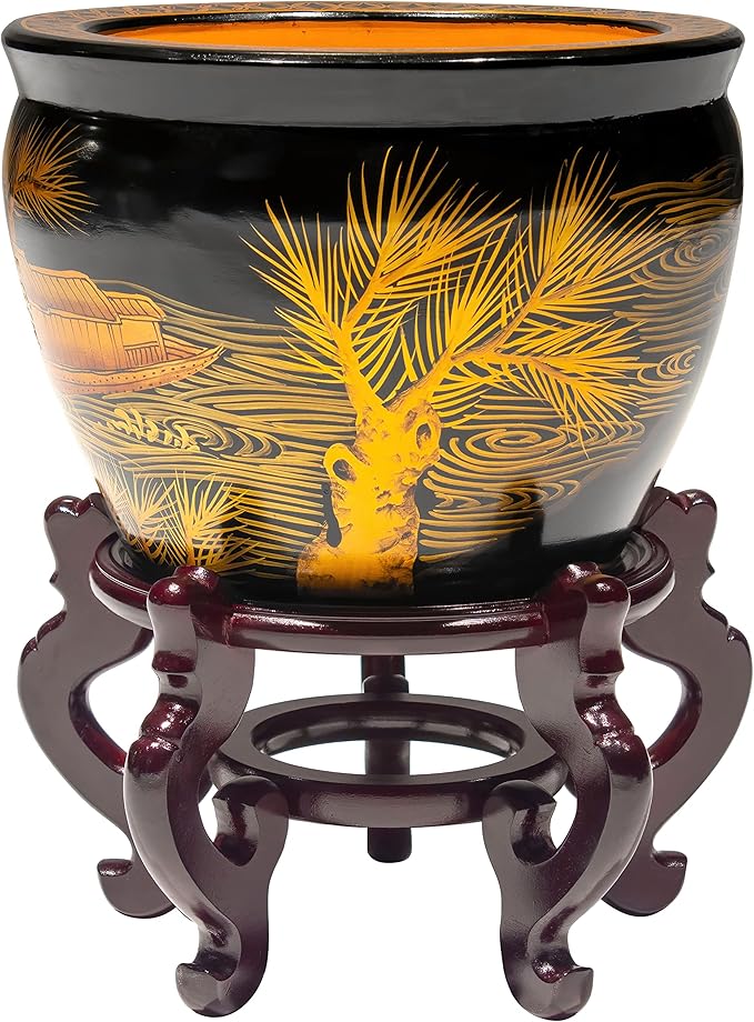 Red Lantern 16" Black Lacquer Fishbowl - Ching Ming