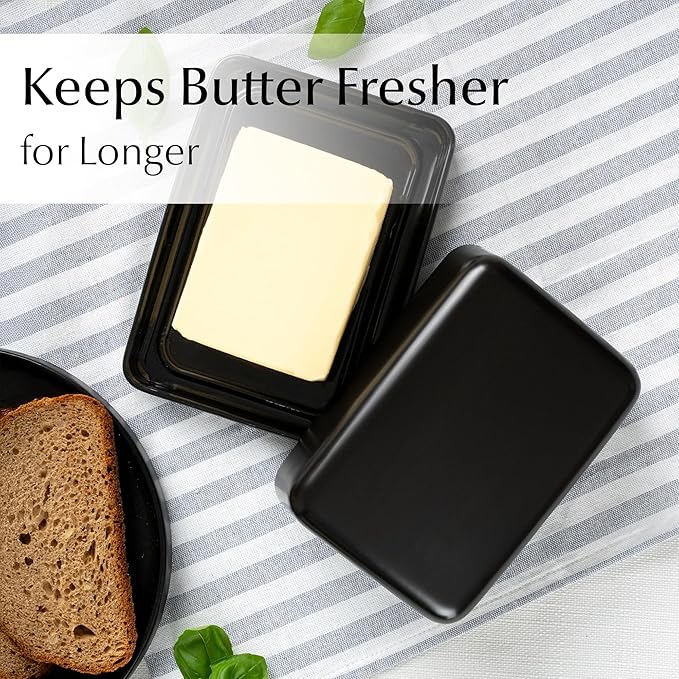 MIAMIO - Ceramic Butter Dish with Lid for Countertop, Holds 2 Sticks of Butter/Butter Holder and Container with Ceramic Lid, Butter Dish for Refrigerator (Black)