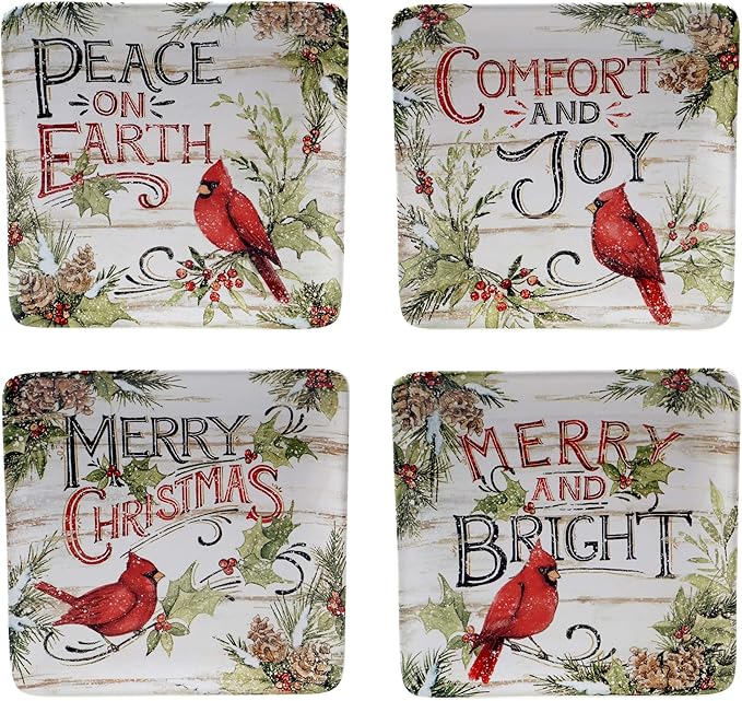 Evergreen Christmas 16-Piece Dinnerware Set – Ceramic Holiday Plates, Bowls & Mugs with Cardinal & Script Design – Service for 4 – Festive Dining for Christmas Gatherings