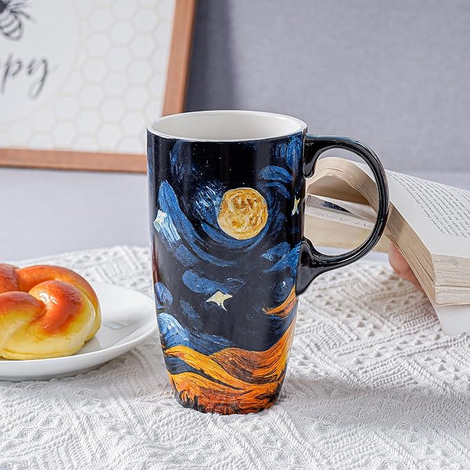 DUSVALLY Ceramic Tall Coffee Mug, Friends Coffee Cup Gift Set, Travel Mug with Lid for Office and Home, Porcelain Mug Unique Gifts for Women and Man, Moon Night, Color Box, 17 oz