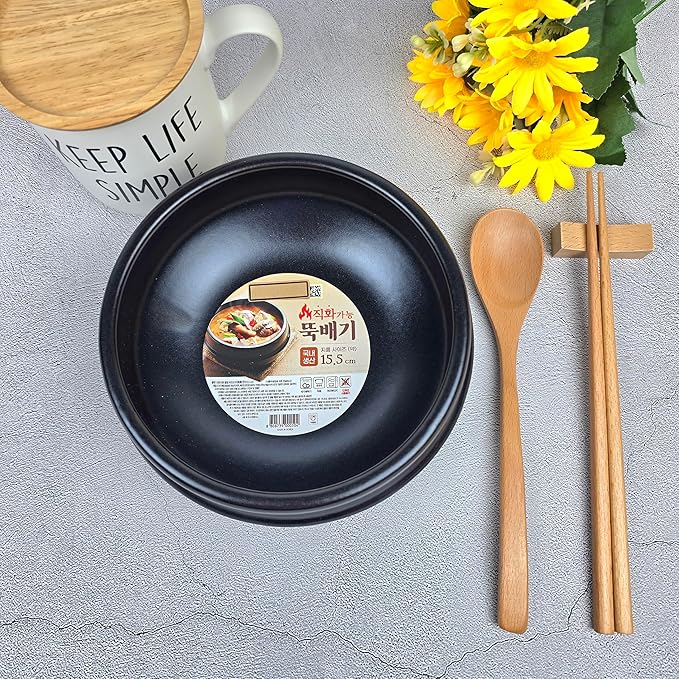 Korean Hot Pot Ttukbaegi 7 Inch Dolsot Clay Cooking Bowl, Direct Fire Safe Ceramic Casserole for Soup, Rice, Noodles, Microwave & Dishwasher Safe Stoneware Stew Pot, Made in Korea, 2.6 Inch Height