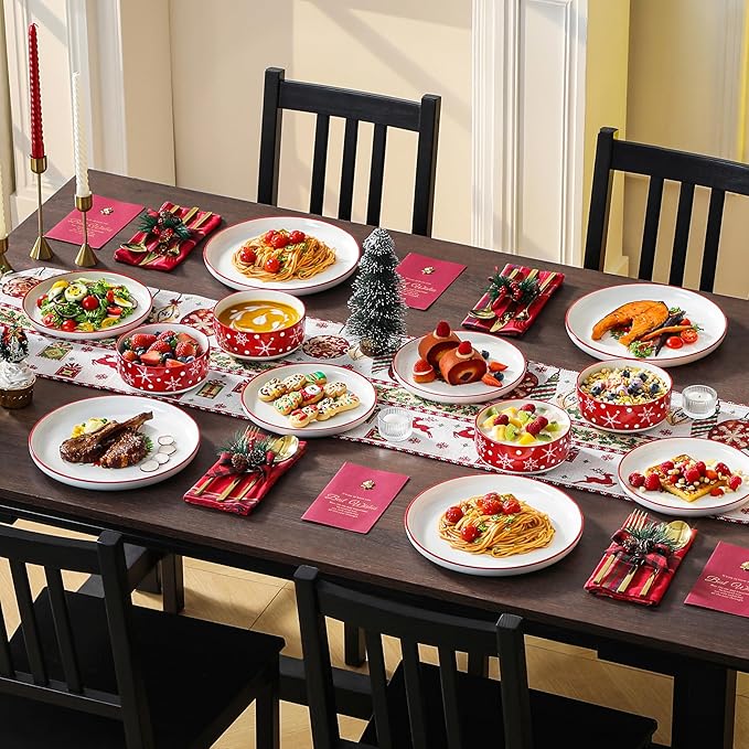 MALACASA Plates and Bowls Sets, 12 Pieces Christmas Porcelain Dinnerware Set for 4, Ceramic Dishware Dishes Kitchen Dinner Dining Ware Set, Microwave and Dishwasher Safe, Series LUNA-Santa Claus
