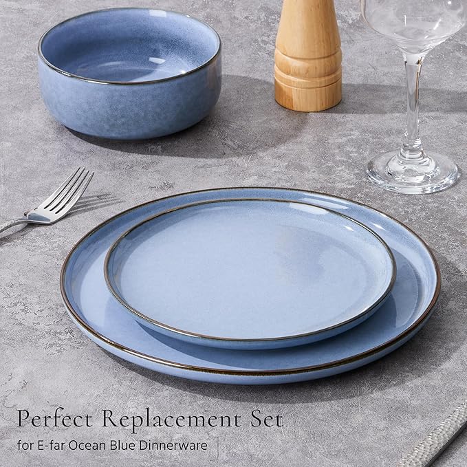 E-far 8” Ceramic Salad Plates Set of 6, Reactive Glaze Stoneware Dishes, Round Dessert Plate for Home Kitchen Restaurant, Microwave & Dishwasher Safe – Ocean Blue