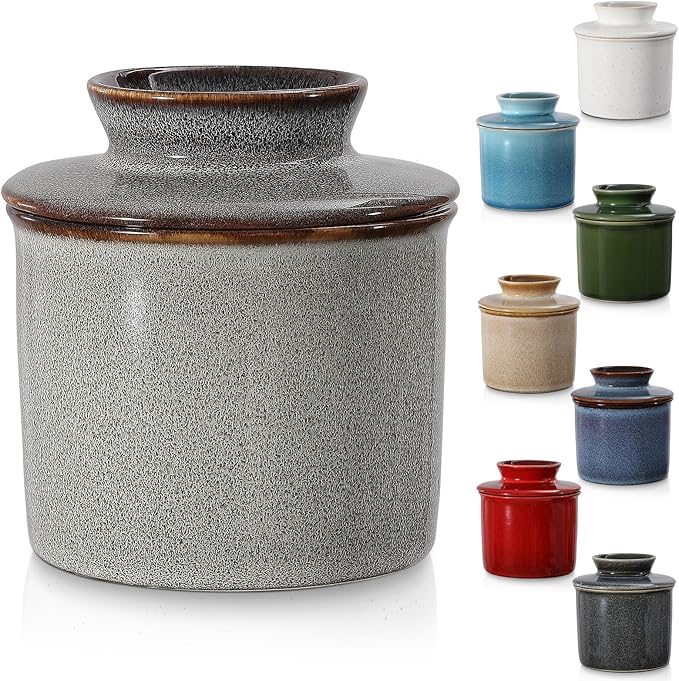 Light Grey French Butter Dish,Handmade Reactive Glaze Ceramic Butter Crock with Water Line for Speradable Fresh Butter