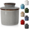 Light Grey French Butter Dish,Handmade Reactive Glaze Ceramic Butter Crock with Water Line for Speradable Fresh Butter