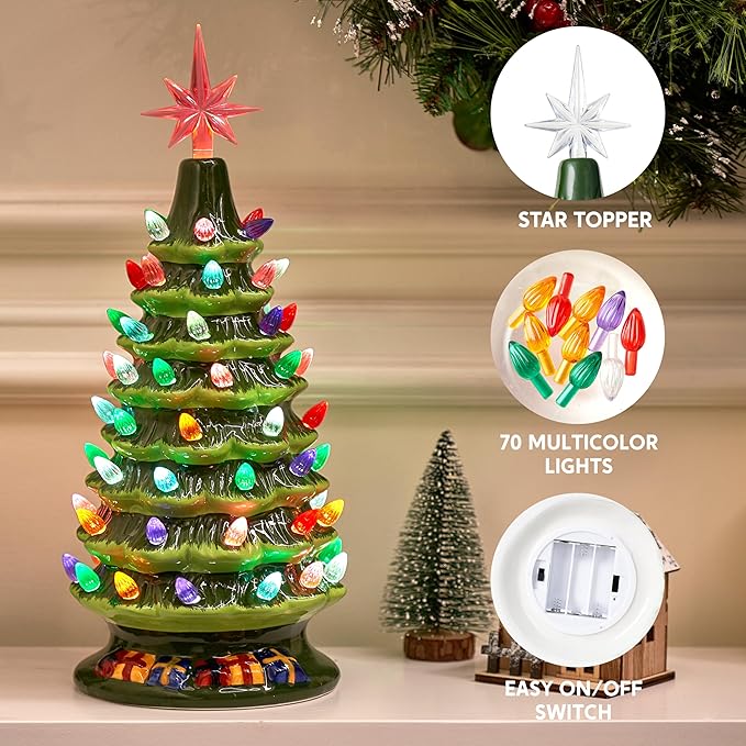 Joiedomi 15" Tabletop Prelit Ceramic Christmas Tree with 70 Multicolor Lights, Hand-Painted Ceramic Tabletop Christmas Tree with Extra Clear Top Star for Xmas Holiday Indoor Decorations