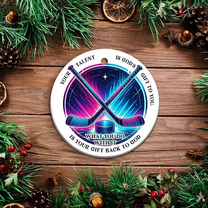 Ice Hockey Christmas Ornament -Round Ceramic 3", Holiday Tree Decoration Keepsake, Hockey Player for Boys Girls