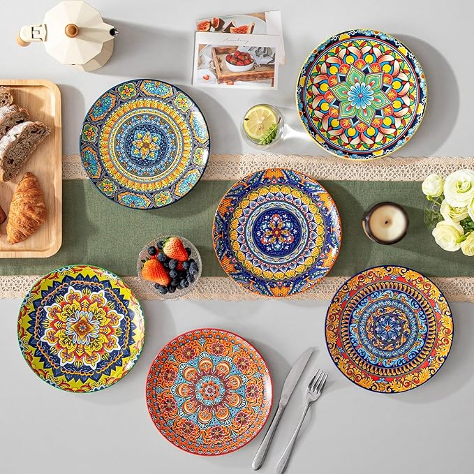 vancasso Colorful Dessert Plates Set of 6, 8.5 Inch Ceramic Salad Plates, Boho Small Dinner Plates, Bohemian Printed Kitchen Plate for Breakfast, Microwave & Dishwasher Safe Dishes, Series KRVI